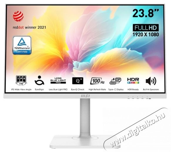 MSI Modern MD2412PW, IPS, 23.8 h&uuml;velyk, Full HD, 1920 x 1080, HDMI, Hangsz&oacute;r&oacute;k, Pivot, 100 Hz, 1ms (MPRT) / 4ms (GTG), Feh&eacute;r Iroda &eacute;s sz&aacute;m&iacute;t&aacute;stechnika - Monitor - Monitor - 534427