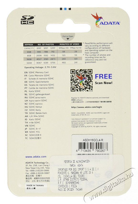 Adata 16GB SD (SDHC Class 4) (ASDH16GCL4-R) memória kártya Memória kártya / Pendrive - SD / SDHC / SDXC kártya - 323696