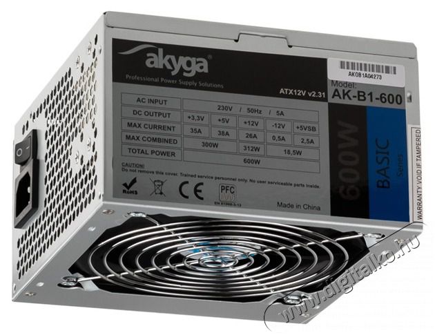 Akyga 600W AK-B1-600 Basic tápegység Iroda és számítástechnika - Számítógép tartozék - Táp kábel - 387455