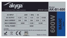 Akyga 600W AK-B1-600 Basic tápegység Iroda és számítástechnika - Számítógép tartozék - Táp kábel - 387455