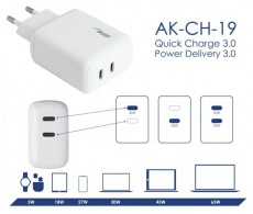 Akyga AK-CH-19 2x USB-C PD 5-12V / max. 3A 40W Quick Charge 3.0 gyorst&ouml;ltő Akkuk &eacute;s t&ouml;ltők - Li-ion akkumul&aacute;tor &eacute;s t&ouml;ltő (gy&aacute;ri) - T&ouml;ltő / h&aacute;l&oacute;zati adapter - 500194