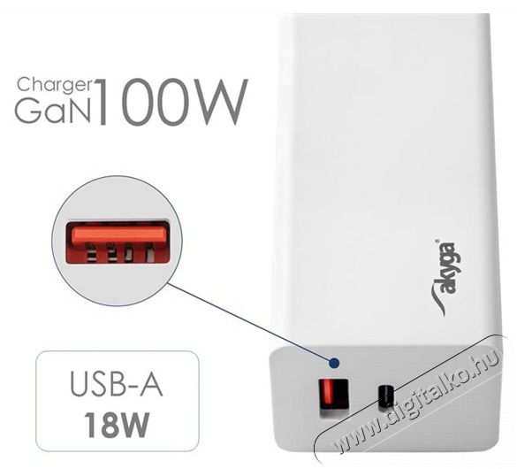 Akyga CHG AK-CH-20 USB-A + USB-C PD 5-20V / max. 5A 100W Quick Charge 3.0 GaN gyorst&ouml;ltő Akkuk &eacute;s t&ouml;ltők - Li-ion akkumul&aacute;tor &eacute;s t&ouml;ltő (gy&aacute;ri) - T&ouml;ltő / h&aacute;l&oacute;zati adapter - 500195