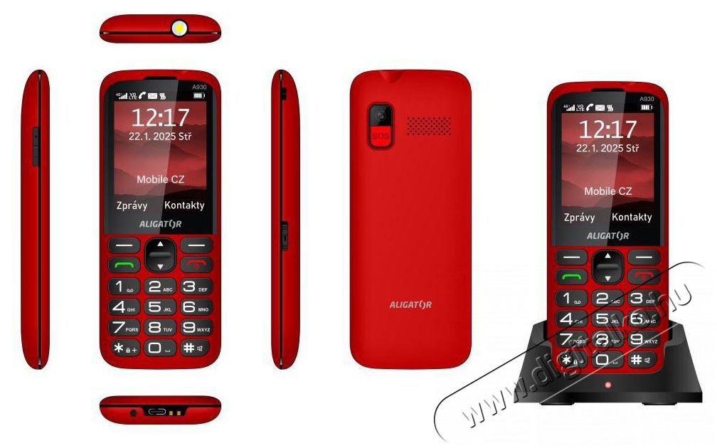 Aligator A930 GPS 4G 4G Senior, piros + t&ouml;ltő&aacute;llv&aacute;ny Mobil / Kommunik&aacute;ci&oacute; / Smart - Klasszikus / Mobiltelefon időseknek - 526797