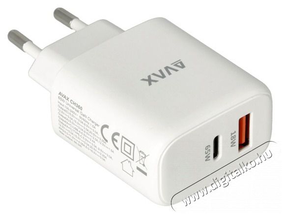 AVAX CH360 SPEEDY 65W GaN USB A (QC)+Type C (PD3.0) feh&eacute;r h&aacute;l&oacute;zati t&ouml;ltő Akkuk &eacute;s t&ouml;ltők - Li-ion akkumul&aacute;tor &eacute;s t&ouml;ltő (gy&aacute;ri) - T&ouml;ltő / h&aacute;l&oacute;zati adapter - 514752