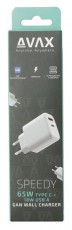 AVAX CH360 SPEEDY 65W GaN USB A (QC)+Type C (PD3.0) feh&eacute;r h&aacute;l&oacute;zati t&ouml;ltő Akkuk &eacute;s t&ouml;ltők - Li-ion akkumul&aacute;tor &eacute;s t&ouml;ltő (gy&aacute;ri) - T&ouml;ltő / h&aacute;l&oacute;zati adapter - 514752