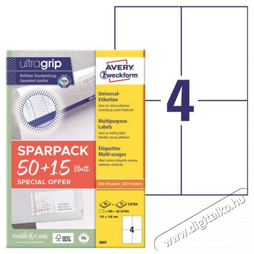 Avery 6601 105x148 mm univerzális 50+15 lap 260 db-os etikett Háztartás / Otthon / Kültér - Szerszám - Egyéb szerszám - 508576