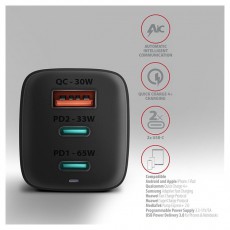 Axagon ACU-DPQ65 GaN USB-A + 2xUSB-C PD3.0/QC4+/PPS/Apple 65W hálózati töltő Mobil / Kommunikáció / Smart - Mobiltelefon kiegészítő / tok - Hálózati-, autós töltő - 391114