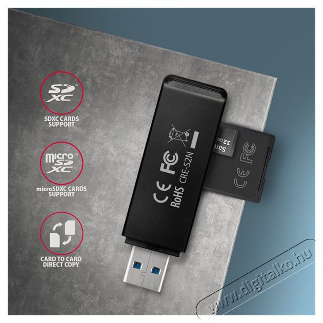 Axagon CRE-S2N Superspeed USB 3.2 Gen 1 Type-A, slim SD/microSD kártyaolvasó Memória kártya / Pendrive - Kártya olvasó - 392425