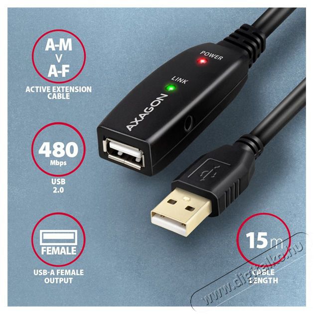Axagon ADR-215 15m USB 2.0 A apa - anya akt&iacute;v repeater k&aacute;bel Iroda &eacute;s sz&aacute;m&iacute;t&aacute;stechnika - Sz&aacute;m&iacute;t&oacute;g&eacute;p tartoz&eacute;k - USB k&aacute;bel - 476871