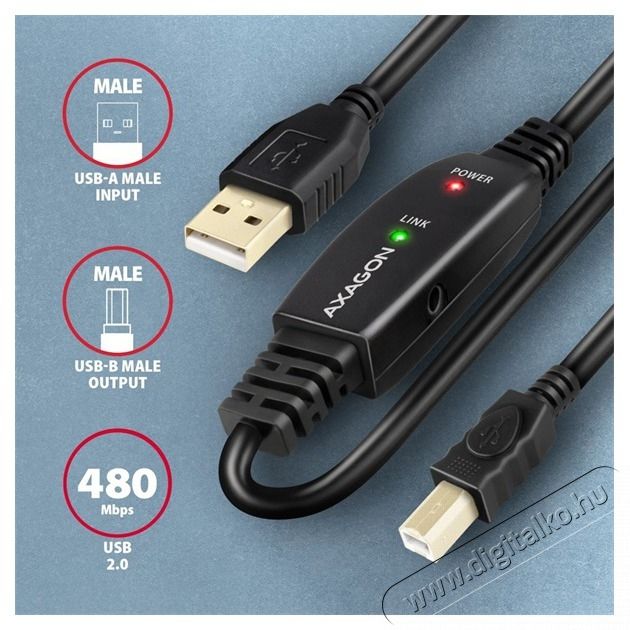 Axagon ADR-215B 15m USB 2.0 A apa - USB B apa akt&iacute;v repeater k&aacute;bel Iroda &eacute;s sz&aacute;m&iacute;t&aacute;stechnika - Sz&aacute;m&iacute;t&oacute;g&eacute;p tartoz&eacute;k - USB k&aacute;bel - 476872