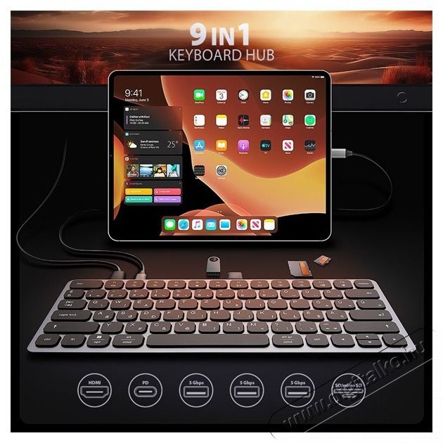 Axagon HMC-KB-HU Magyar billentyűzet &eacute;s 9 az 1-ben hub Mobil / Kommunik&aacute;ci&oacute; / Smart - Tablet / E-book kieg&eacute;sz&iacute;tő, tok - Billentyűzet - 500345