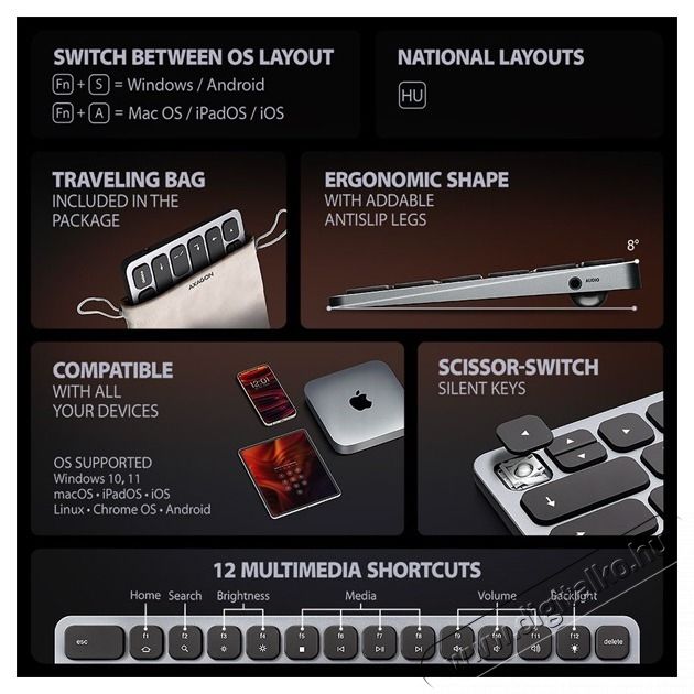 Axagon HMC-KB-HU Magyar billentyűzet &eacute;s 9 az 1-ben hub Mobil / Kommunik&aacute;ci&oacute; / Smart - Tablet / E-book kieg&eacute;sz&iacute;tő, tok - Billentyűzet - 500345