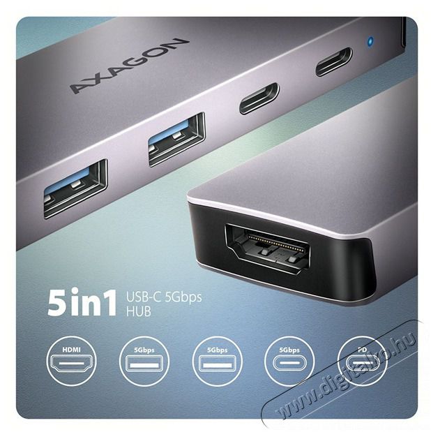 Axagon HMC-5H60 5Gbps 5in1 szürke Type-C hub Iroda és számítástechnika - Notebook kiegészítő - USB hub / elosztó - 507957