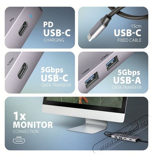 Axagon HMC-5H60 5Gbps 5in1 szürke Type-C hub Iroda és számítástechnika - Notebook kiegészítő - USB hub / elosztó - 507957