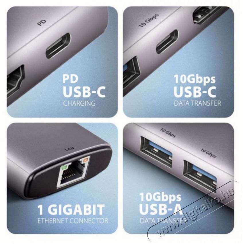 Axagon HMC-6G2L 10Gbps 6in1 szürke Type-C hub Iroda és számítástechnika - Notebook kiegészítő - USB hub / elosztó - 507958