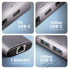 Axagon HMC-6G2L 10Gbps 6in1 szürke Type-C hub Iroda és számítástechnika - Notebook kiegészítő - USB hub / elosztó - 507958