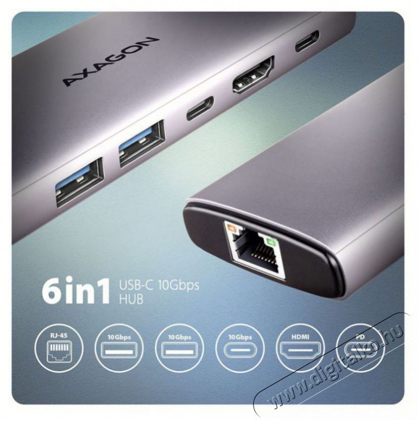 Axagon HMC-6G2L 10Gbps 6in1 szürke Type-C hub Iroda és számítástechnika - Notebook kiegészítő - USB hub / elosztó - 507958