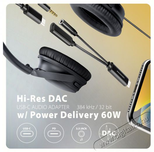 Axagon ADA-HCPD 60W fekete Type-C - Type-C/DAC audio adapter Mobil / Kommunikáció / Smart - Mobiltelefon kiegészítő / tok - Kábel / átalakító - 513329