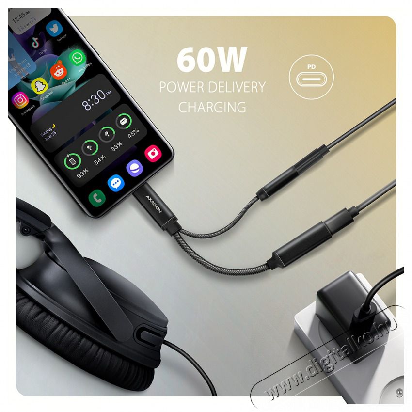 Axagon ADA-HCPD 60W fekete Type-C - Type-C/DAC audio adapter Mobil / Kommunikáció / Smart - Mobiltelefon kiegészítő / tok - Kábel / átalakító - 513329