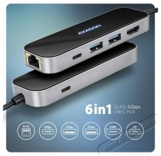 Axagon HMC-6GLN GLASS 6-in-1 Hub, USB-C 5Gbps, 2x USB-A, USB-C, HDMI 4k/60Hz, RJ-45, PD 100 W Dokkol&oacute; &aacute;llom&aacute;s Iroda &eacute;s sz&aacute;m&iacute;t&aacute;stechnika - Notebook kieg&eacute;sz&iacute;tő - USB hub / eloszt&oacute; - 532431