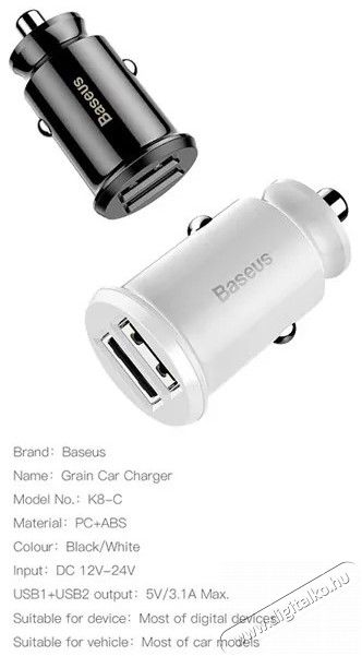 Baseus Grain 3,1A dual USB fekete autós töltő Autóhifi / Autó felszerelés - Autós töltő / szivargyújtó adapter - 368675