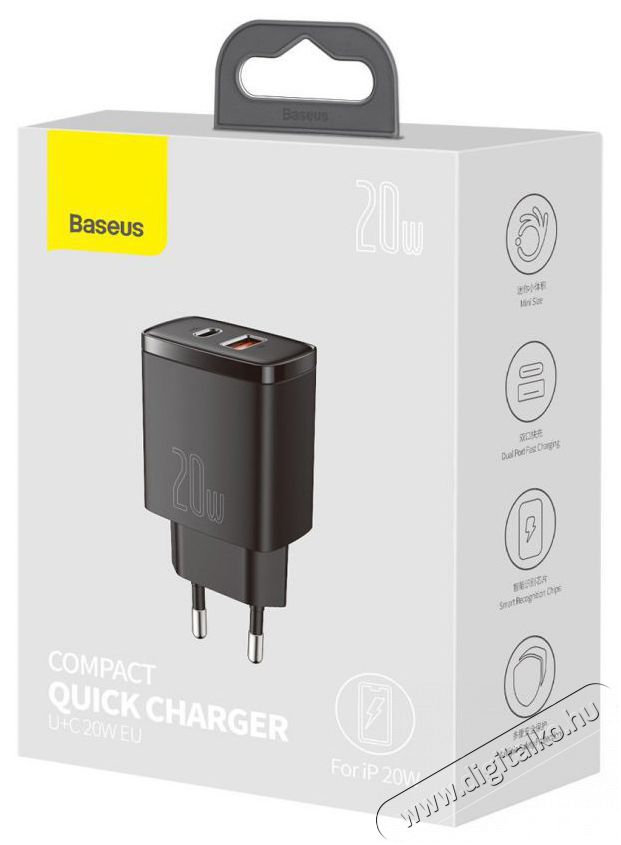 Baseus CCXJ-B01 Compact hálózati töltő USB Type-C / USB-A 20W 3A QC3.0 - Fekete Akkuk és töltők - Li-ion akkumulátor és töltő (gyári) - Töltő / hálózati adapter - 408659