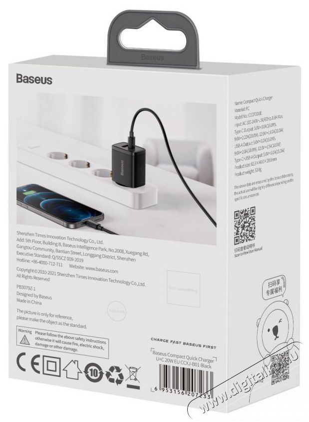 Baseus CCXJ-B01 Compact hálózati töltő USB Type-C / USB-A 20W 3A QC3.0 - Fekete Akkuk és töltők - Li-ion akkumulátor és töltő (gyári) - Töltő / hálózati adapter - 408659