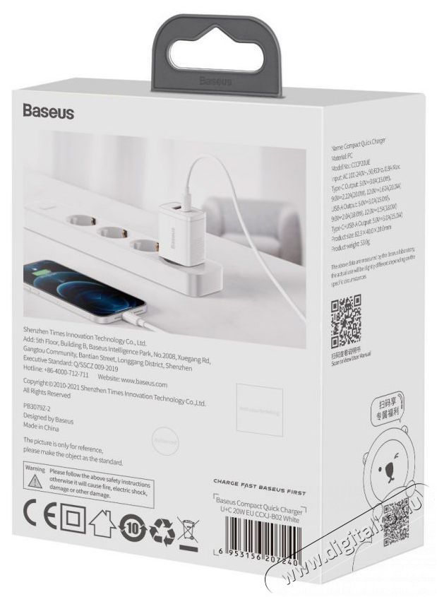 Baseus CCXJ-B02 Compact hálózati töltő USB Type-C / USB-A 20W 3A QC3.0 - Fehér Akkuk és töltők - Li-ion akkumulátor és töltő (gyári) - Töltő / hálózati adapter - 408660