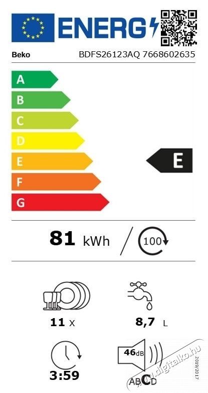 Beko BDFS26123AQ szabadon &aacute;ll&oacute; mosogat&oacute;g&eacute;p, 11 ter&iacute;t&eacute;k, 6 program Konyhai term&eacute;kek - Mosogat&oacute;g&eacute;p - Norm&aacute;l (60cm) szabadon&aacute;ll&oacute; mosogat&oacute;g&eacute;p - 532974