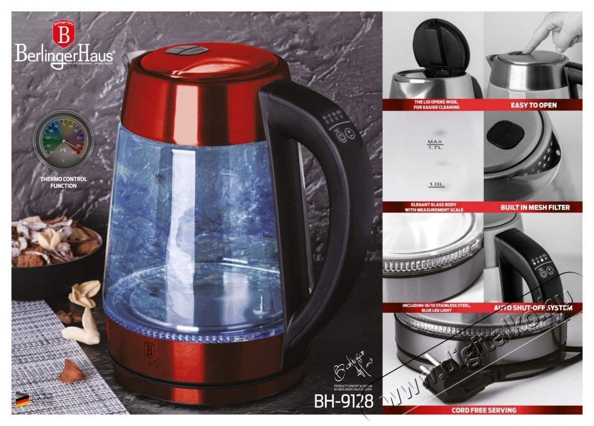 Berlinger Haus BH/9128 1,7 L-es burgundi &uuml;veg v&iacute;zforral&oacute; Konyhai term&eacute;kek - V&iacute;zforral&oacute; / teafőző - 502207