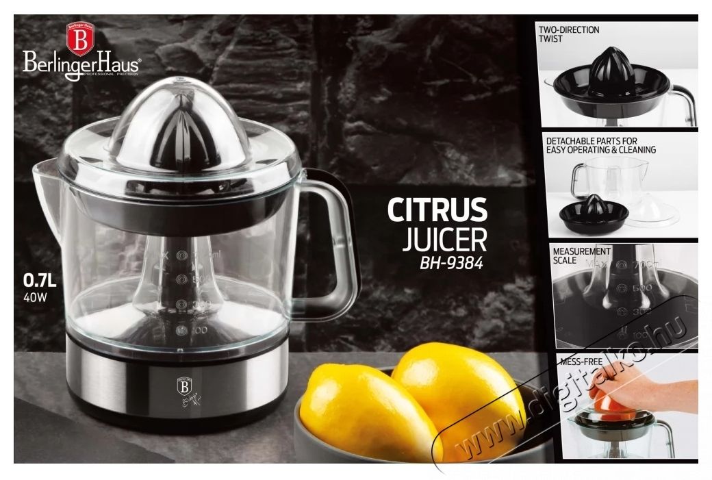 Berlinger Haus BH/9384 700 ml elektromos citrusfacsar&oacute; Konyhai term&eacute;kek - Konyhai kisg&eacute;p (elők&eacute;sz&iacute;t&eacute;s / feldolgoz&aacute;s) - Citrus / gy&uuml;m&ouml;lcs facsar&oacute; - 501880