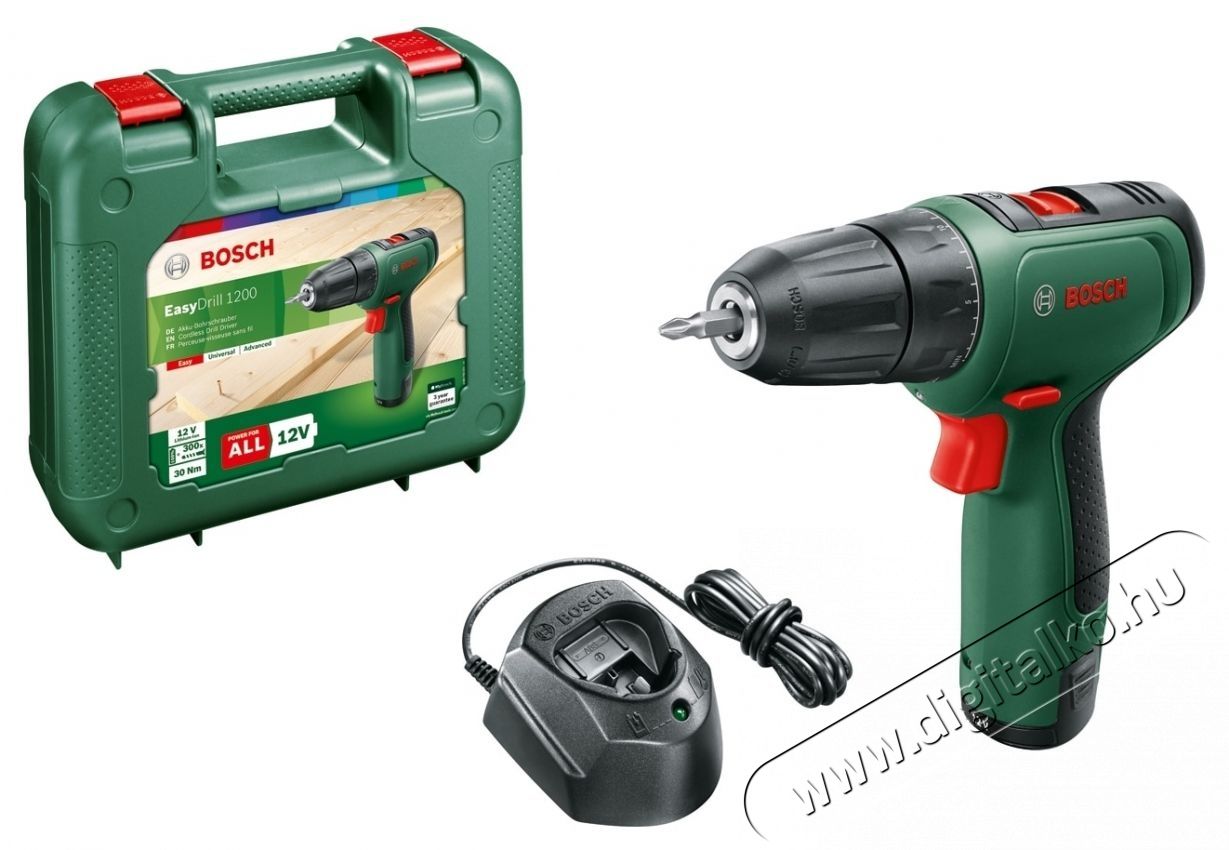 Bosch EasyDrill 1200 akkus f&uacute;r&oacute;- &eacute;s csavaroz&oacute;g&eacute;p, 12 V, 1,5 Ah, 1500 ford./perc, 30 Nm, 1 akkumul&aacute;tor, t&ouml;ltő, dupla csavarh&uacute;z&oacute;fej, professzion&aacute;lis tok H&aacute;ztart&aacute;s / Otthon / K&uuml;lt&eacute;r - Szersz&aacute;m - F&uacute;r&oacute; / f&uacute;r&oacute;kalap&aacute;cs - 536216