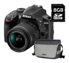 Nikon D3400 + 18-55mm AF-P VR Kit - fekete (3 év garancia!) + Nikon táska + 8GB SDHC Fényképezőgép / kamera - DSLR tükörreflexes fényképezőgép - 309590