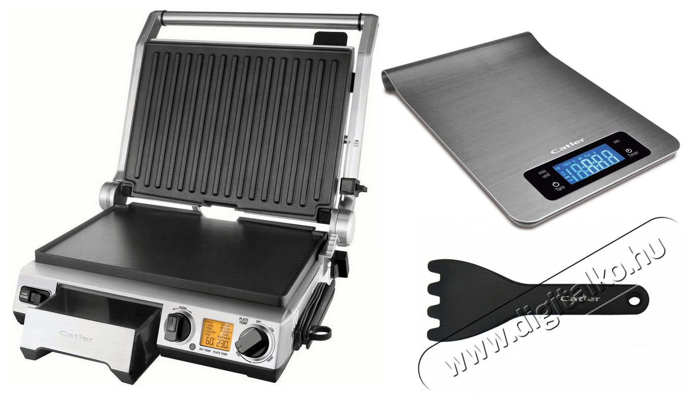 Catler GR 8050 kontaktgrill + KS 4010 konyhai mérleg + SP 2010 műanyag kaparó grillsütőkhöz Konyhai termékek - Konyhai kisgép (sütés / főzés / hűtés / ételkészítés) - Kontakt grill sütő / sütőlap - 309959