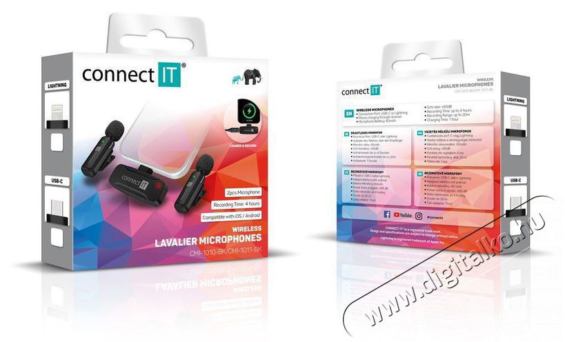 CONNECT IT Wireless Lavalier USB-C (2 db + receiver) k&eacute;szlet Fot&oacute;-Vide&oacute; kieg&eacute;sz&iacute;tők - Mikrofon - Cs&iacute;ptetős, fej &eacute;s kitűző mikrofon - 524569