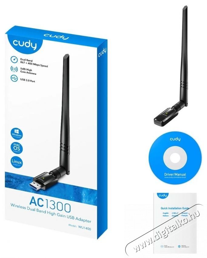 CUDY AC1300 High Gain USB Wi-Fi Adapter Tv kieg&eacute;sz&iacute;tők - Wi-Fi adapter - 532525