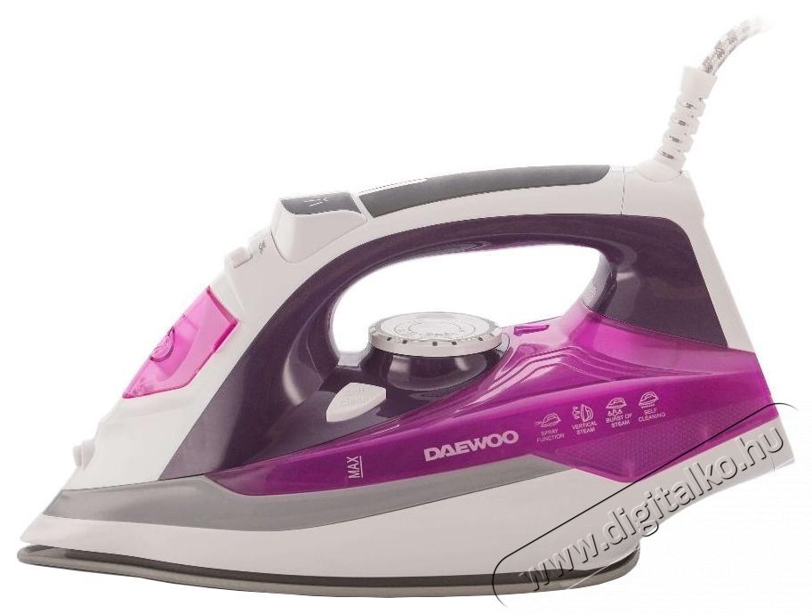 Daewoo DSI20P vasal&oacute;, ker&aacute;mia vasal&oacute;talp, 2400 W, 350 ml, 55 g / perc, f&uuml;ggőleges gő&ouml;l&eacute;s, &ouml;ntiszt&iacute;t&oacute;, gum&iacute;rozott foganty&uacute;, lila H&aacute;ztart&aacute;s / Otthon / K&uuml;lt&eacute;r - Vasal&oacute; - Gőz&aacute;llom&aacute;s - 533203
