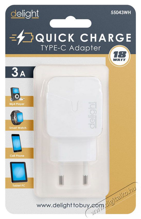 Delight 55043WH hálózati adapter Type-C PD18W gyorstöltéssel - fehér Mobil / Kommunikáció / Smart - Mobiltelefon kiegészítő / tok - Hálózati-, autós töltő - 369096