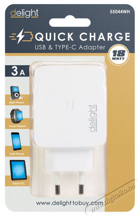 Delight 55044WH hálózati adapter USB + Type-C PD18W gyorstöltéssel - fehér Mobil / Kommunikáció / Smart - Mobiltelefon kiegészítő / tok - Hálózati-, autós töltő - 369098