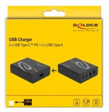 Delock 41440 2xUSB-C PD + 2xUSB-A 112W hálózati töltő Akkuk és töltők - Li-ion akkumulátor és töltő (gyári) - Töltő / hálózati adapter - 408476