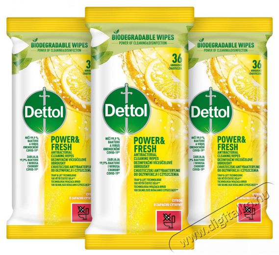 Dettol Antibakteriális felülettisztító törlőkendő Citrom, 3× 36 db Háztartás / Otthon / Kültér - Tisztító / mosó - Tisztítószer - 523432