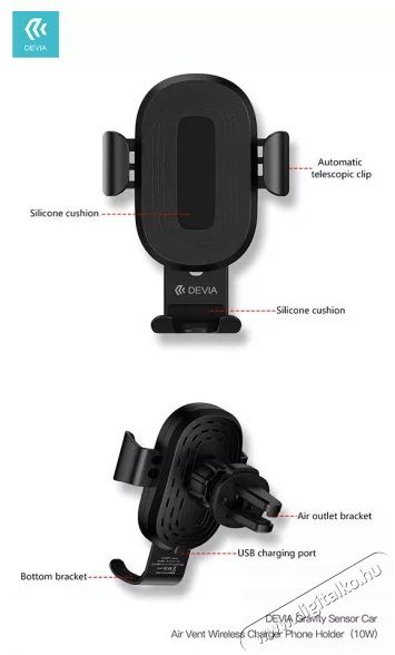 Devia ST329906 V.2 10W szellőzőrácsba illeszthető vezeték nélküli autós gyorstöltő és tartó Mobil / Kommunikáció / Smart - Mobiltelefon kiegészítő / tok - Hálózati-, autós töltő - 369228
