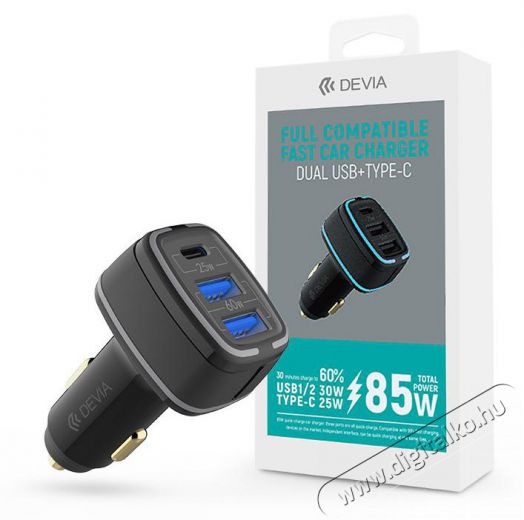 Devia ST351761 85W 2xUSB + Type-C szivargyújtó töltő Mobil / Kommunikáció / Smart - Mobiltelefon kiegészítő / tok - Hálózati-, autós töltő - 479612