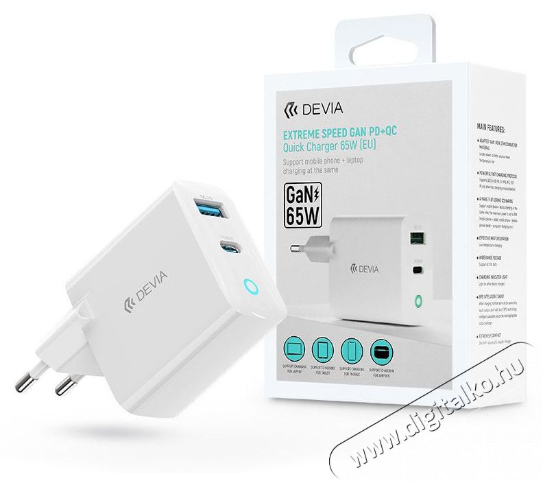 Devia ST362743 GaN 65W USB + Type-C fehér hálózati töltő adapter Fotó-Videó kiegészítők - Kábel - USB kábel - 479060