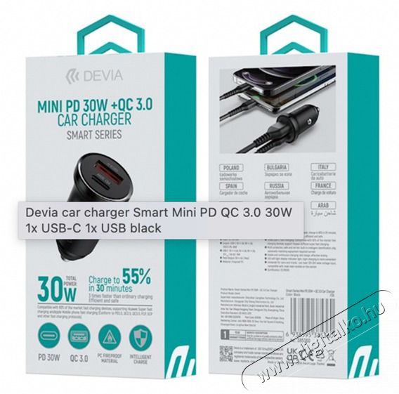 Devia ST385360 Smart Mini PD 30W+QC 3.0 USB+Type-C szivargyújtó töltő adapater Akkuk és töltők - Li-ion akkumulátor és töltő (gyári) - Töltő / hálózati adapter - 514797