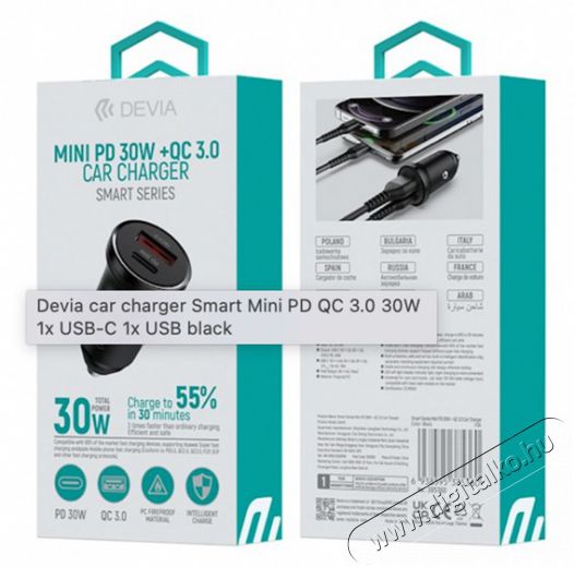 Devia ST385360 Smart Mini PD 30W+QC 3.0 USB+Type-C szivargyújtó töltő adapater Akkuk és töltők - Li-ion akkumulátor és töltő (gyári) - Töltő / hálózati adapter - 514797