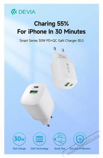 Devia ST386718 Smart GaN 30W PD USB + Type-C Hálózati töltő adapter Akkuk és töltők - Li-ion akkumulátor és töltő (gyári) - Töltő / hálózati adapter - 514798