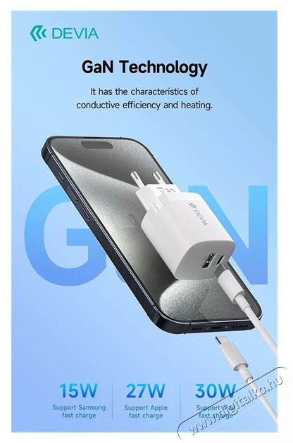 Devia ST386718 Smart GaN 30W PD USB + Type-C Hálózati töltő adapter Akkuk és töltők - Li-ion akkumulátor és töltő (gyári) - Töltő / hálózati adapter - 514798