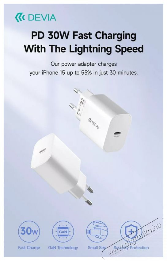 Devia ST399794 Smart GaN 30W Type-C Hálózati töltő adapter Akkuk és töltők - Li-ion akkumulátor és töltő (gyári) - Töltő / hálózati adapter - 514799