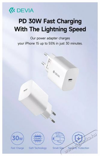 Devia ST399794 Smart GaN 30W Type-C Hálózati töltő adapter Akkuk és töltők - Li-ion akkumulátor és töltő (gyári) - Töltő / hálózati adapter - 514799
